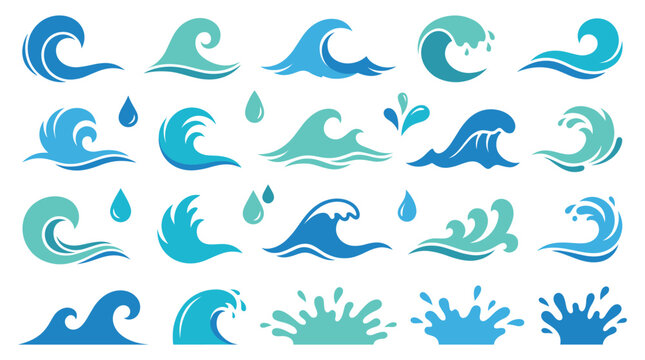 Collection of stylized blue water waves and splashes. Ideal vector elements for aquatic, ocean, and liquid designs