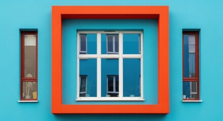 Fototapeta premium Vibrant blue building with large orange framed window and smaller side windows