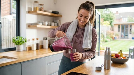Fototapeta premium Woman pouring a healthy smoothie into a glass in a bright kitchen after a workout
