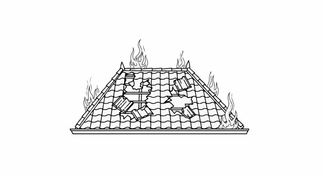 Damaged tiled roof with flames erupting from broken sections