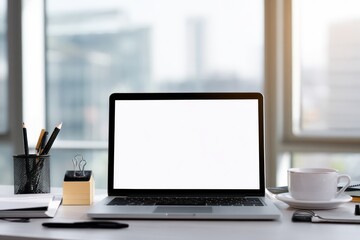 Fototapeta premium Professional office desk with laptop mockup