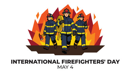 Fototapeta premium Vector illustration of a brave firefighters team with equipment against a backdrop of flames. Honors International Firefighters' Day on May 4