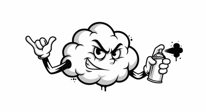 Cartoon cloud character with angry face, holding spray paint can