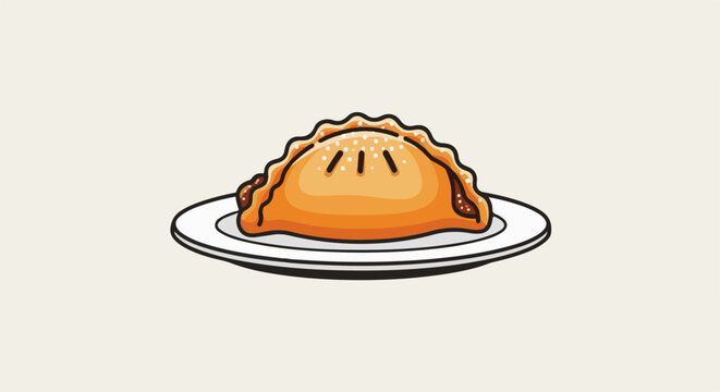 Cartoon empanada on a white plate with a light background