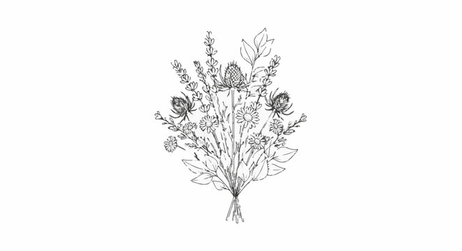 Delicate sketch of a wildflower bouquet with daisies and thistles