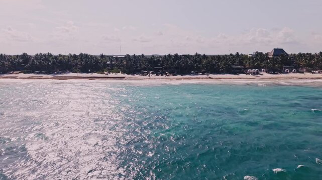 Aerial Drone View of Tulum Coastline at Sunset Caribbean Beach Riviera Maya Mexico