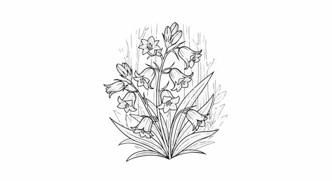 Delicate sketch of bell-shaped flowers and foliage in monochrome