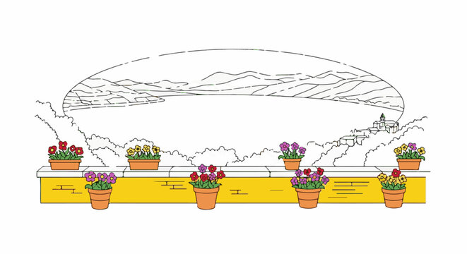 Colorful potted flowers adorn a scenic balcony overlooking a distant village and hills