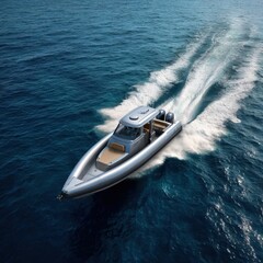 Fototapeta premium Aerial view of a silver boat speeding through the turquoise ocean water