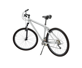 Fototapeta premium White bicycle standing while leaning on kickstand, side back view. Bike resting on kick stand isolated on white background, 3D illustration