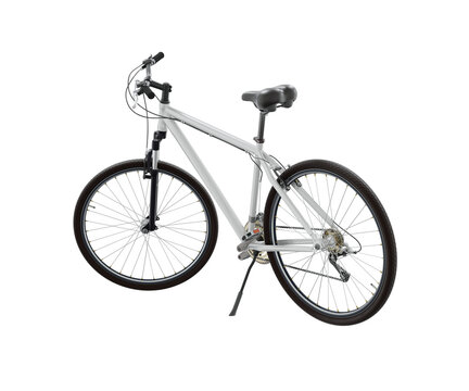 White bicycle standing while leaning on kickstand, side back view. Bike resting on kick stand isolated on white background, 3D illustration