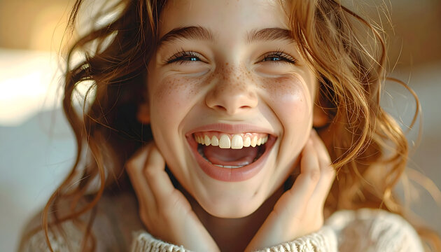 Girl laughing hysterically while being tickled with hands visible but out of focus showing raw candid emotion and facial crinkles generative AI