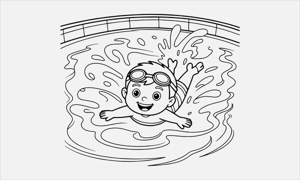 Cute child swimming in a pool with water splashes vector illustration,  black and white outline line art vector icon set for coloring book page Vector illustration