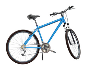 Fototapeta premium Blue bicycle standing while leaning on kickstand, side view. Bike resting on kick stand isolated on white background, 3D illustration