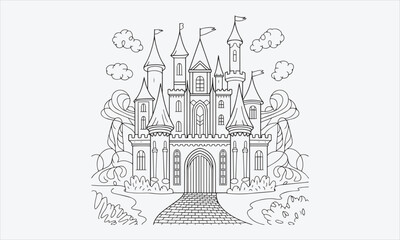 Naklejka premium Enchanting castle line art icon set page vector illustration
