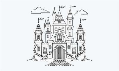 Fototapeta premium Enchanting castle line art icon set page vector illustration