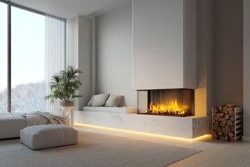Obraz premium Glowing fireplace in modern home interior