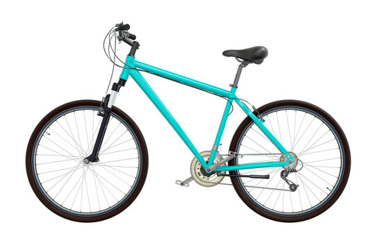 Blue teal bicycle, side view. Black leather saddle and handles. Isolated on white background, 3D illustration
