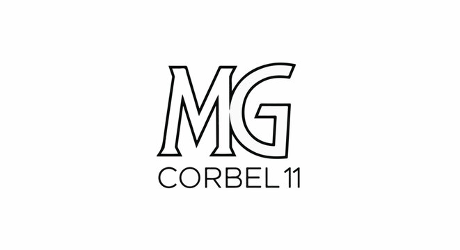 Bold black outline letters "MG" with "CORBEL 11" below on white background