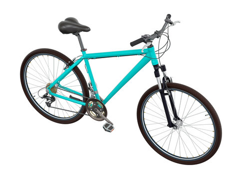 Blue teal bicycle, side top view. Black leather saddle and handles. Isolated on white background, 3D illustration
