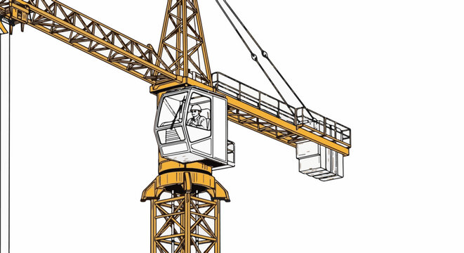 Construction crane operator in cabin, yellow industrial machine, heavy lifting