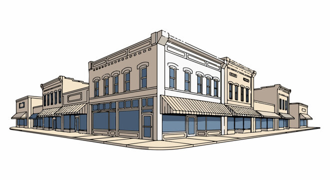 Corner view of a line of vintage store buildings with awnings