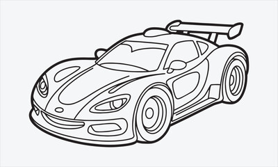 Fototapeta premium Outline drawing of fast Cartoon racing car concept, car coloring page line art vector icon set sport vehicle from side and front view vector illustration
