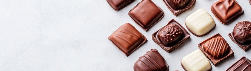Obraz premium Artful display of gourmet chocolate pralines, a diagonal top-down view highlighting a rich assortment of dark, milk and white varieties with smooth and textured finishes on grey.