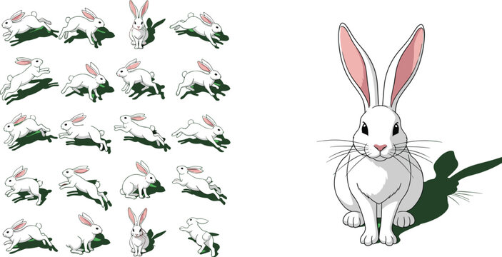 White rabbit animation sprite sheet vector set featuring a cute bunny in various poses like running, jumping, sitting, and hopping for game design, character movement, and spring Easter illustrations.