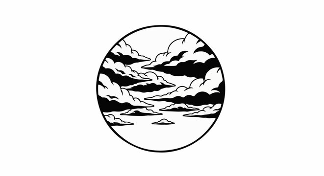 Circular monochrome graphic of stylized, dark and light clouds in a sky