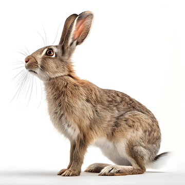 Brown Hare, Furry Rabbit, Wildlife Illustration, Animal Portrait isolated on White Background