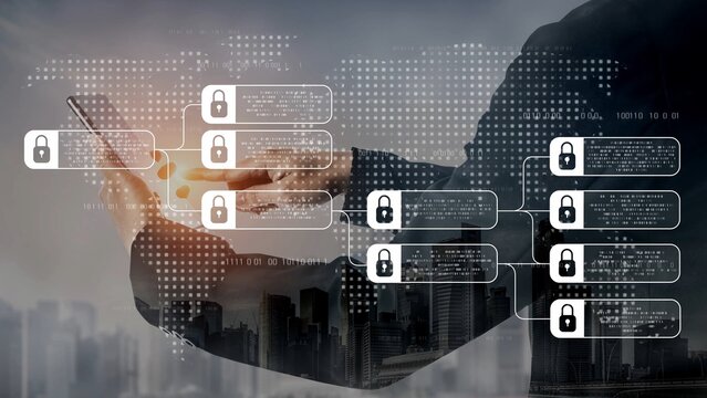 Blockchain structure showing distributed data blocks linked with encryption, representing secure transaction verification, decentralized control, and immutable record system Marrow