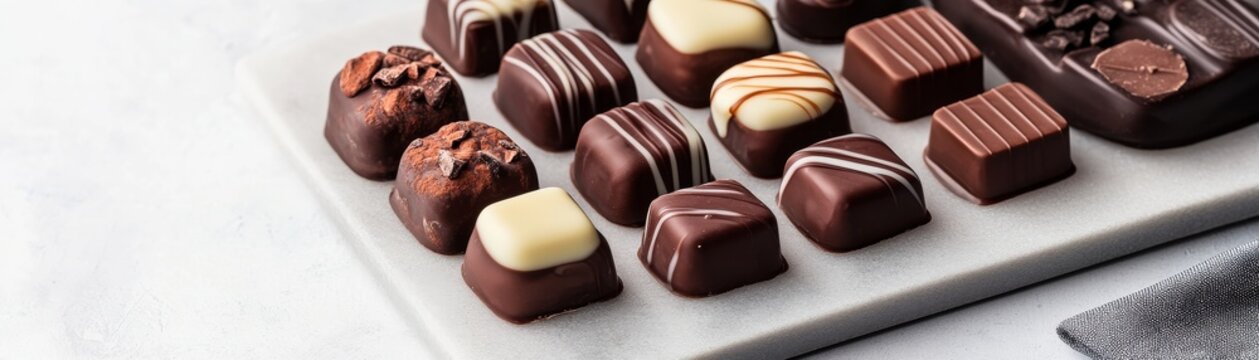 Assorted gourmet chocolates on a white marble board, featuring dark truffles and elegant bonbons with white chocolate swirls. A sweet, luxurious dessert concept, Indulgence,