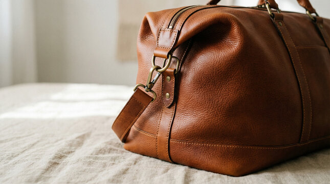 Leather suitcase on a bed with white sheets. Copy space.