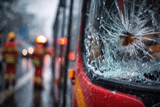 Smashed city bus after heavy road collision