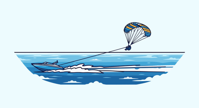 Boat pulls parasailer over blue wavy water with clouds below