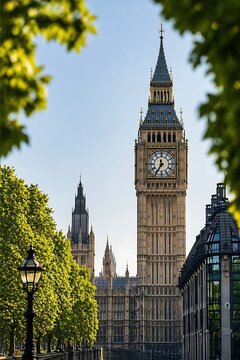 big ben clock tower in london with green trees and clear sky summer day