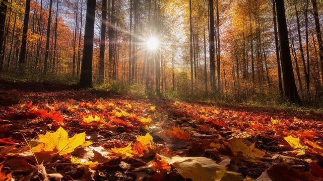 Autumn forest floor covered in fallen maple leaves. Bright sun flare shining through tall trees. Warm golden morning light in peaceful woodland landscape. Static footage shot.