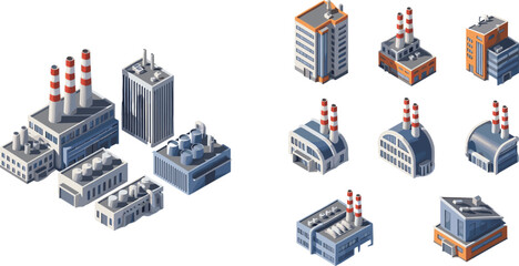 Fototapeta premium Isometric industrial factory and power plant building vector set with chimneys, warehouses, and manufacturing facilities for city maps, game infographics, and architectural design isolated on white 