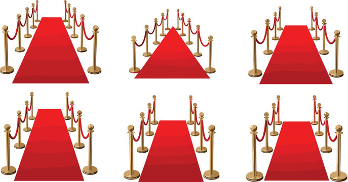 PrintLuxury red carpet entrance set with gold stanchions and velvet ropes for gala events, celebrity awards, movie premieres, VIP parties, and grand openings isolated on white background vector 
