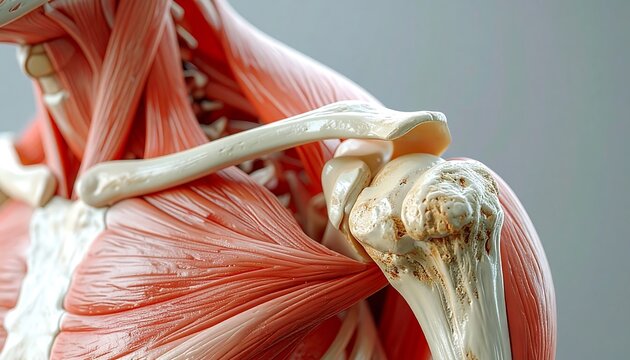 Shoulder anatomy model shows muscles, bone structure, ligaments, and tendons in detail on a neutral background