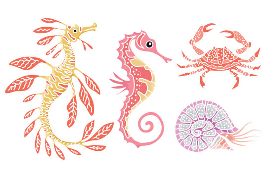 Set of stylized marine creatures including leafy seadragon, seahorse, crab and nautilus. Pink and orange illustrations for decor, stencils, cards, banners and creative design.