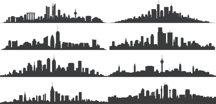 City skyline silhouettes, urban landscape icons, black cityscape vectors, 5 city skylines