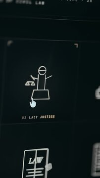 Female legal figure with balanced scales and notarized document seal