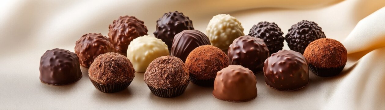 Elegant assortment of dark, milk and white chocolate truffles and bonbons, showcasing smooth, spiked and cocoa-dusted textures on soft, draped silk. Gourmet indulgence. ,Chocolatier,
