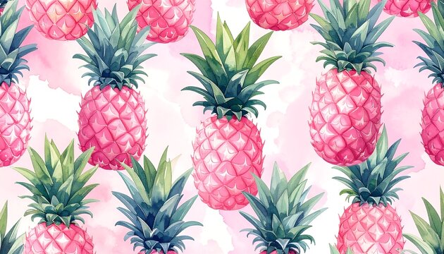 Seamless repeat pattern with painted pink pineapples against a soft, blurred watercolor background