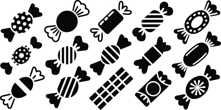 Black candy icons, sweet treats, dessert symbols, vector graphics