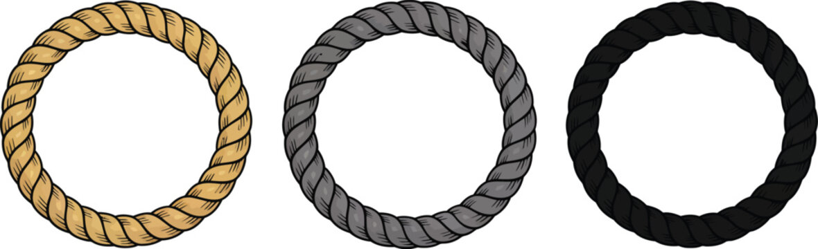Rope circle icons, gold, gray, black, vector graphics, 3 rope textures, circular shapes, abstract elements