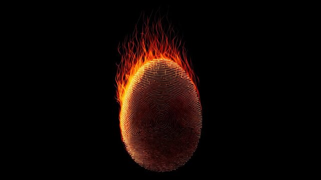 Glowing fingerprint on fire with flame effect on black background