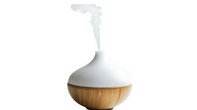 Modern ultrasonic essential oil diffuser with a bamboo base and white top emitting a gentle stream of vapor isolated on transparent background for wellness and aromatherapy use